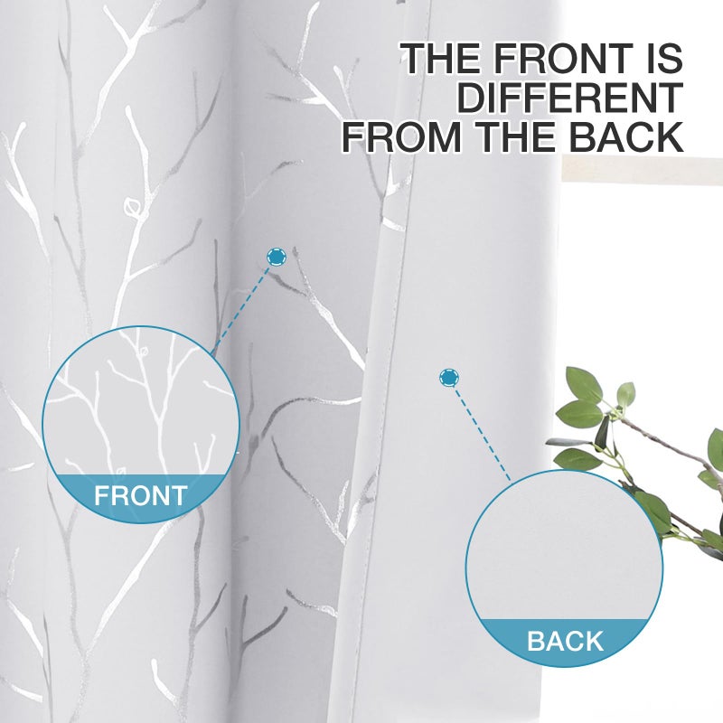BUHUA White Black Out Curtains 84 Inch Long 2 Panels, Soundproof Curtains with Elegant Silver Tree Branches Print, Heat Blocking Curtains for Livingroom, 52W x 84L, Greyish White - Image 4